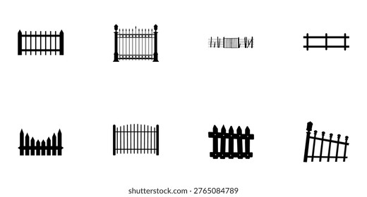 A collection of various fence designs and gate styles on a white background