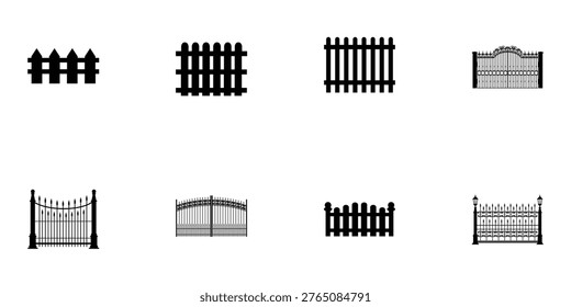 A collection of various fence designs and gate styles on a white background
