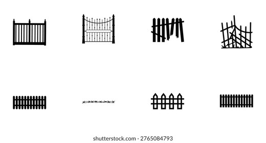 A collection of various fence designs and gate styles on a white background