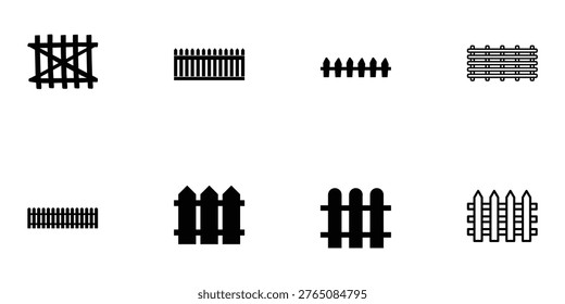 A collection of various fence designs and gate styles on a white background