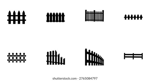 A collection of various fence designs and gate styles on a white background