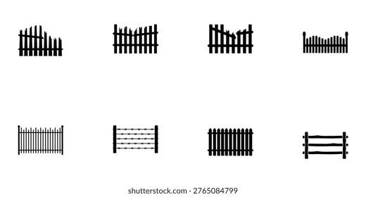 A collection of various fence designs and gate styles on a white background
