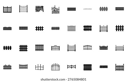 A collection of various fence designs and gate styles on a white background