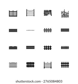 A collection of various fence designs and gate styles on a white background