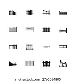 A collection of various fence designs and gate styles on a white background