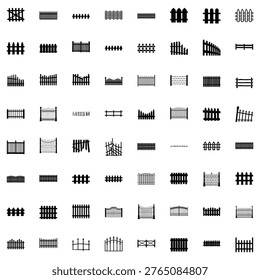 A collection of various fence designs and gate styles on a white background