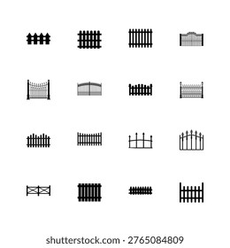 A collection of various fence designs and gate styles on a white background