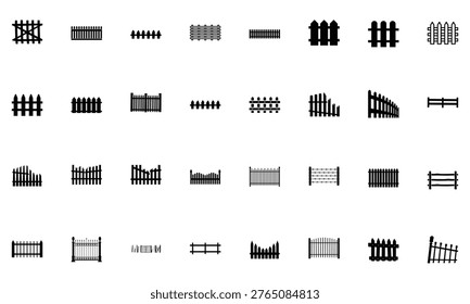 A collection of various fence designs and gate styles on a white background