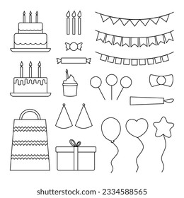Collection of various festive elements for a birthday party. birthday ornaments equipment set line art in flat elements style isolated on white background.