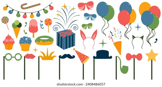 Collection of various festive elements for a birthday party. Set of simple and cute items for design. Vector hand drawn illustration. All elements are isolated.