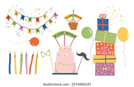 Collection of various festive elements for a birthday party. Set of simple and cute items for design. Vector hand drawn illustration. All elements are isolated.