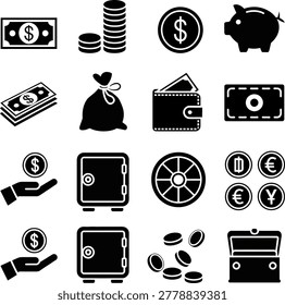 Collection of various financial icons representing money savings and currency symbols in vector style
