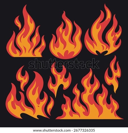 A collection of various fire designs showcasing flames in different shapes and orientations rendered in striking colors.