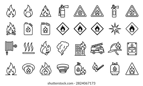 A collection of various fire safety and warning symbols icons in a line art style
