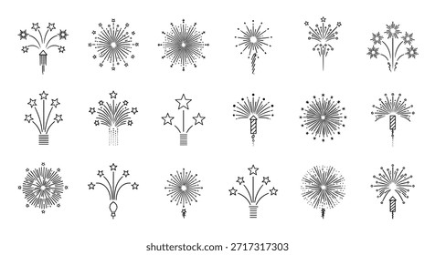 Collection of various firework line icons showing different explosion patterns and rocket designs for celebratory events and holidays.