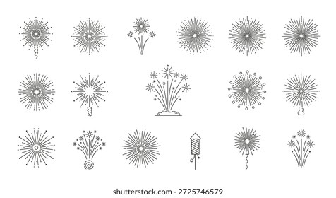 Kollektion von verschiedenen Feuerwerk-Linien-Ikonen, die verschiedene Explosionsformen und festliche Raketen für Feste und Feiertage zeigen.