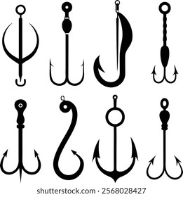 Collection of various fishing hook designs in silhouette style, perfect for fishing, marine, and outdoor themes.