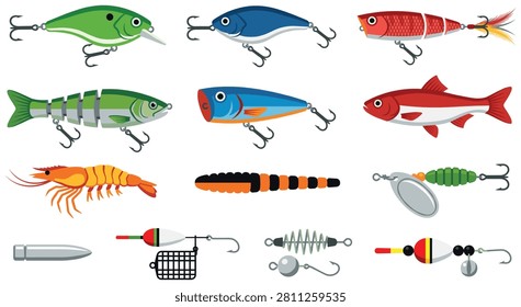 Collection of various fishing lures and baits, including crankbaits, spinnerbaits, soft plastics, and hooks for angling.