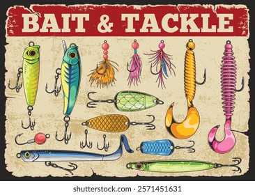 A collection of various fishing lures and tackle displayed on a textured background. The bright colors and different shapes highlight the essentials for successful fishing trips.