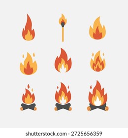 Collection of various flame and campfire icons on a neutral background