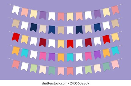 Collection of various flat cartoon party flags, buntings on purple background. Set of multicolored pennants, seamless carnival garlands as a decoration for birthday celebration, festival