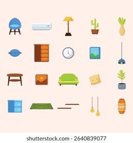 Collection of various flat design icons representing different items commonly found in a home interior.  The icons include furniture, decor, and appliances.  
