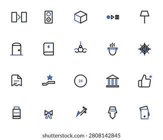Collection of various flat design icons with blue highlights on a white background, including symbols for media, objects, and actions.