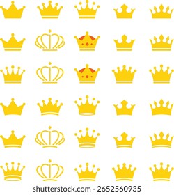 Coleção de vários ícones de coroa de ouro vetor plano em estilo moderno e divertido para temas de conto de fadas, jogos de fantasia, ou elementos de UI