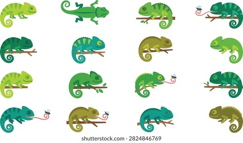 A collection of various flat vector illustrations of chameleons in different shades of green and brown, some perched on branches and catching insects.