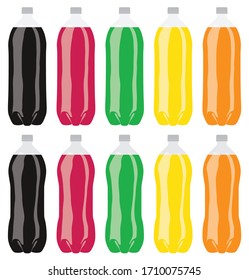 A collection of various flavors of soda in plastic two liter bottles on an isolated white studio background