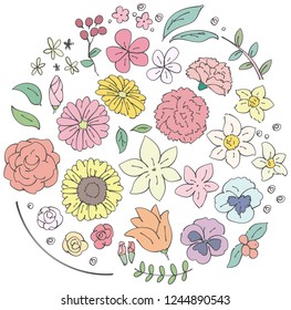A collection of various flower icons. Handwriting style.