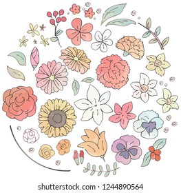 A collection of various flower icons. Handwriting style.