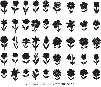 A collection of various flower silhouettes in a simple black design, featuring multiple floral shapes, petals, stems, and leaves. Perfect for botanical decoration, floral patterns, nature icons, clipa