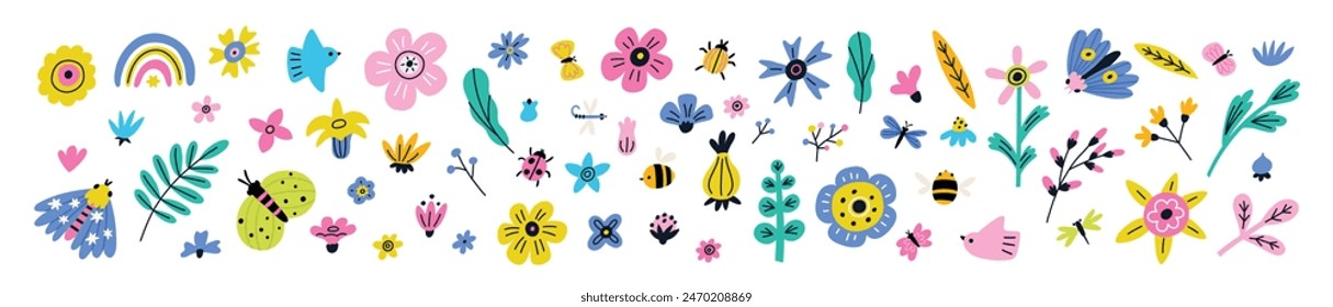 Collection of various flowers, plants, butterfly, bee, ladybug, dragonfly, beetly, bird, rainbow. Vector set of nature design elements different types, colors and shapes isolated white background 