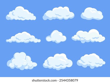 Eine Sammlung von verschiedenen flauschigen Wolken auf blauem Hintergrund, die verschiedene Formen und Größen zeigen. Vektorgrafik