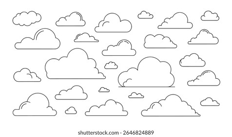 Uma coleção de várias nuvens de cumulus fofo ilustradas com estilo de contorno pontilhado simples