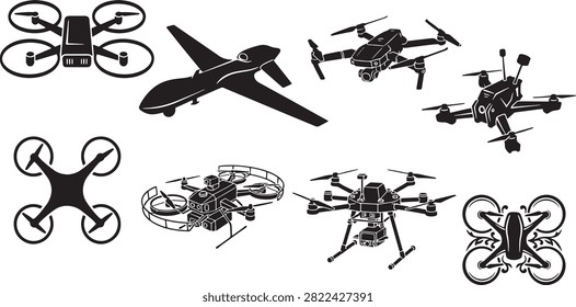 Collection of various flying machines including drones, quadcopters, and remote control airplanes. Illustrated in a clean black and white vector style, perfect for design projects, tech themes, or aviation topics.