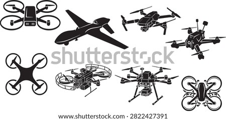 Collection of various flying machines including drones, quadcopters, and remote control airplanes. Illustrated in a clean black and white vector style, perfect for design projects, tech themes, or aviation topics.