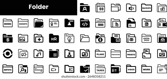 A collection of various folder icons in black and white, representing different categories such as finance, projects, and personal files, suitable for organizational use.