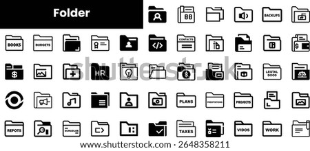 A collection of various folder icons in black and white, representing different categories such as finance, projects, and personal files, suitable for organizational use.