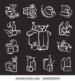 collection of various food and goods icons isolated on black background