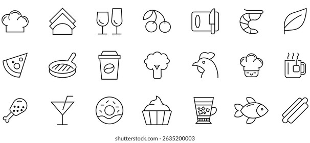 A collection of various food and grocery icon. Fast food icon set with vector icons  pizza, soda, chicken wings, hamburger, chips, pretzel, hot dog, and donut. Thin line editable stroke icons.