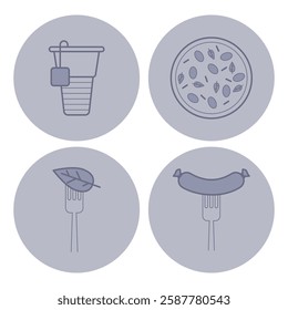 Collection of various food icons. Cup with tea bag, pizza with toppings, leaf on fork, and sausage on fork