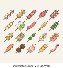 Collection of various food items, illustrated as colorful, simple line drawings of items on skewers, displayed in a grid format.  The illustrations include various vegetables, meats, and seafood.