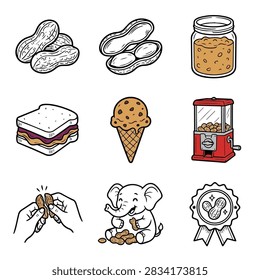 A collection of various food items and objects related to peanuts, including whole peanuts, peanut butter, sandwiches, ice cream, and more.