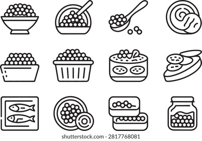 Collection of various food items and preparation icons featuring berries and seafood