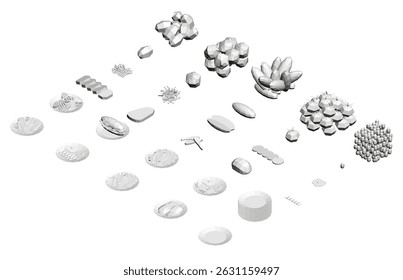 A collection of various food items and rocks are displayed in a white background. The food items include a sandwich, a bowl, and a spoon, while the rocks are scattered throughout the image