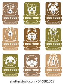 Collection of various food labels with dogs heads. Vector illustration