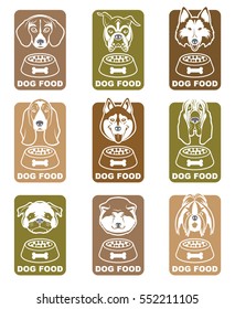 Collection of various food labels with dogs heads. Vector illustration