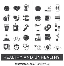 Collection of various food and lifestyle icons. Comparison between healthy and unhealthy way of life. Set of premium quality icons. 